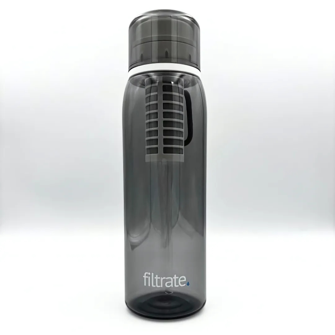Clear plastic filter water bottle with lid, standing upright.
