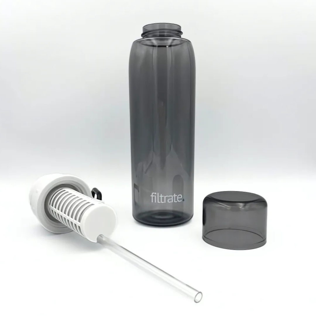 Clear filter water bottle shown with lid, straw, and alkaline filter separated.