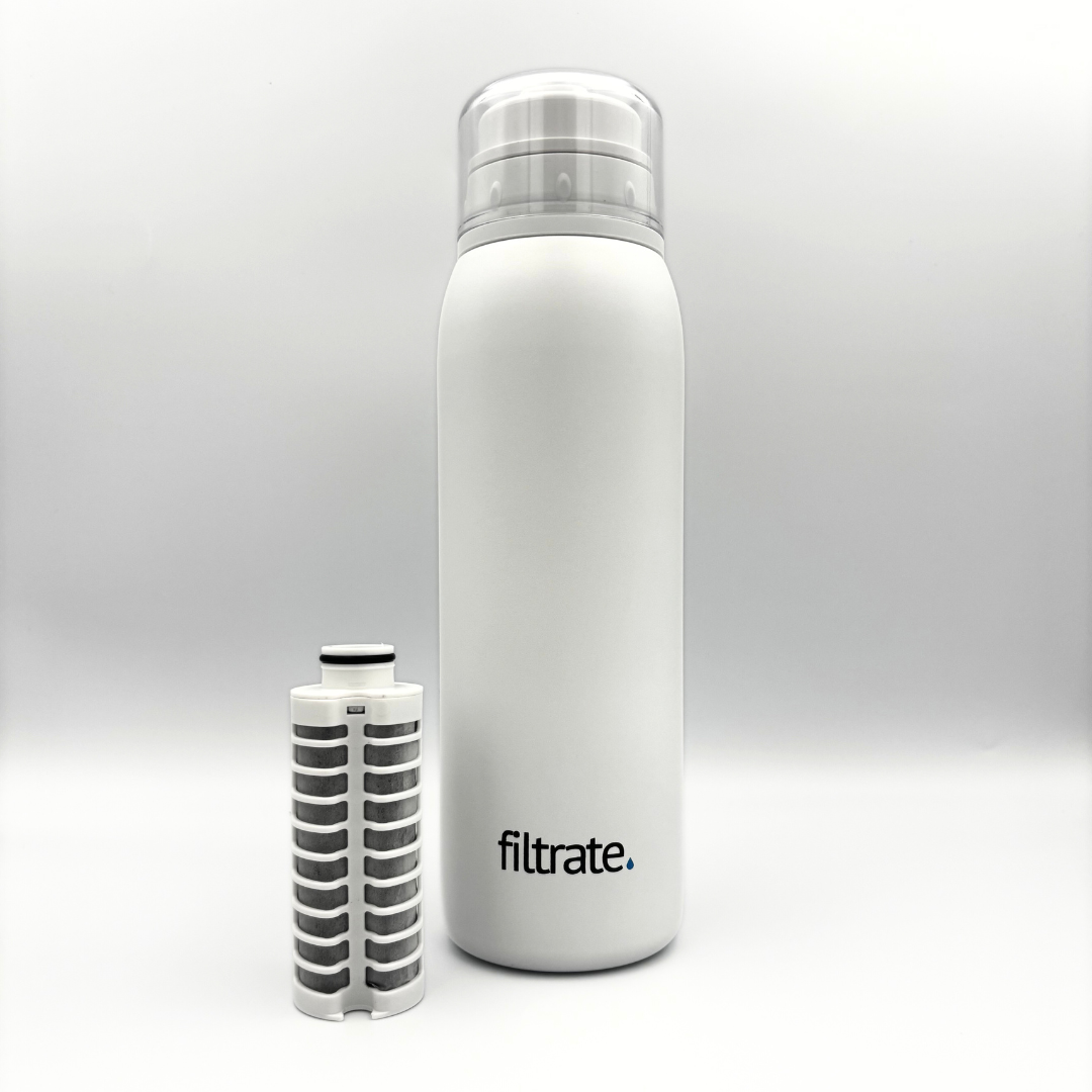 Filter water bottle with detachable internal filter placed beside it, showcasing full product contents.