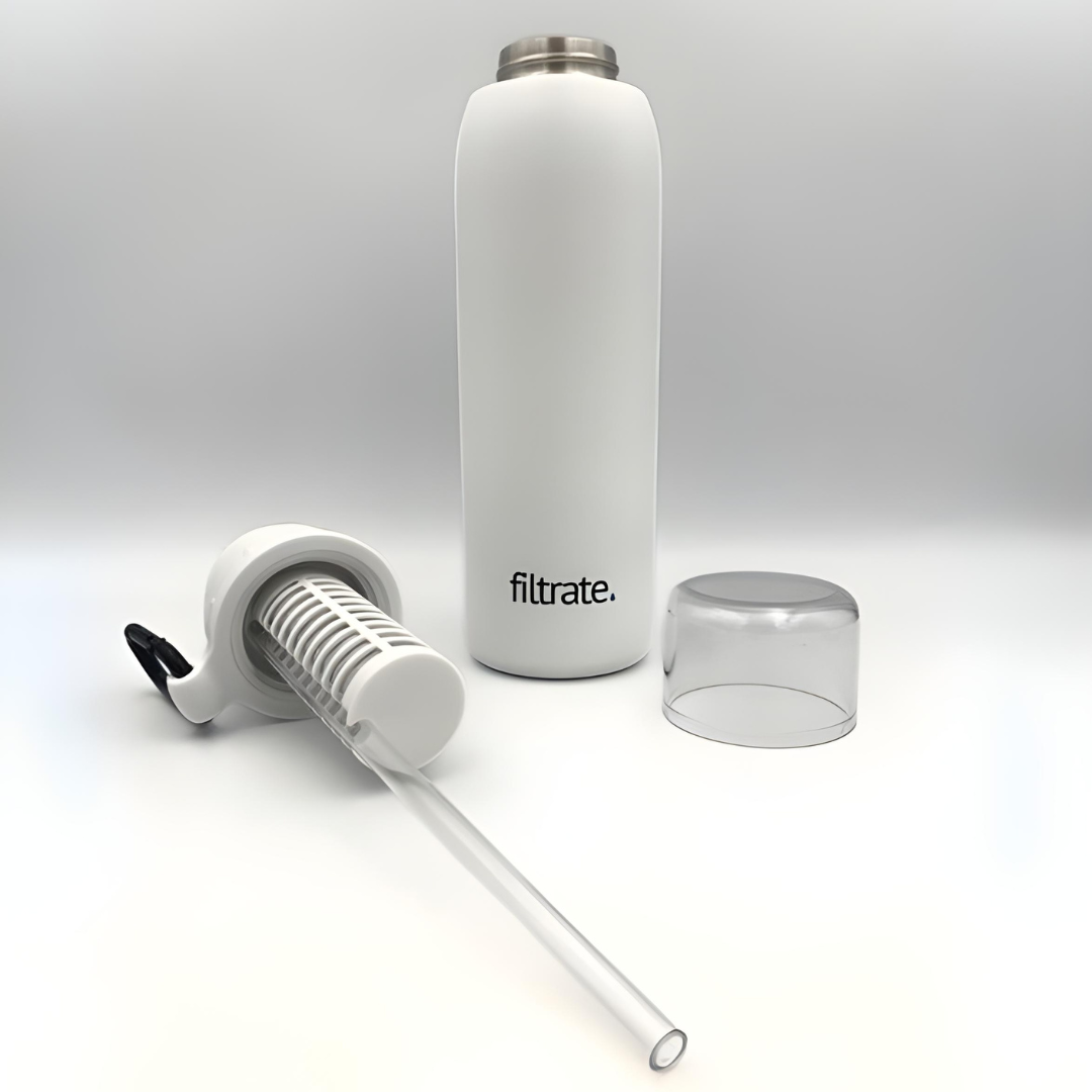 Disassembled filter water bottle showing straw, lid, and filter system laid out clearly.