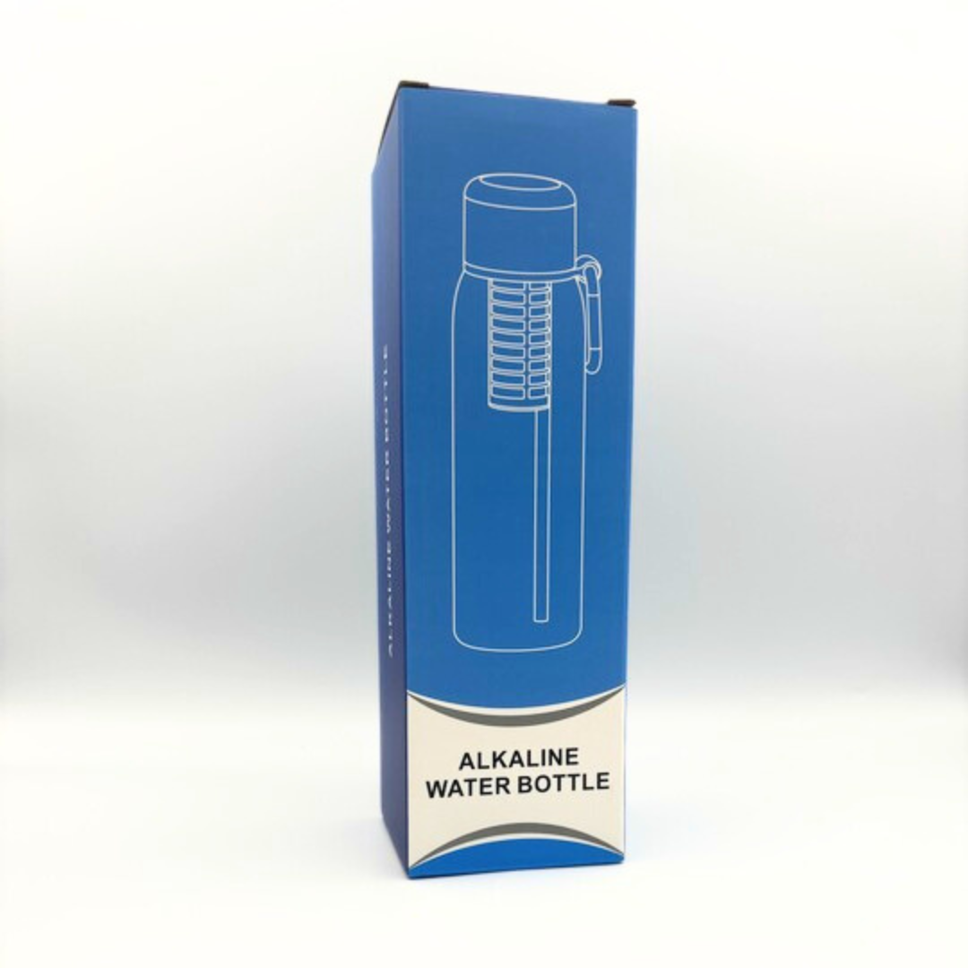 Retail packaging for Filtrate filter water bottle in blue and white, standing upright.
