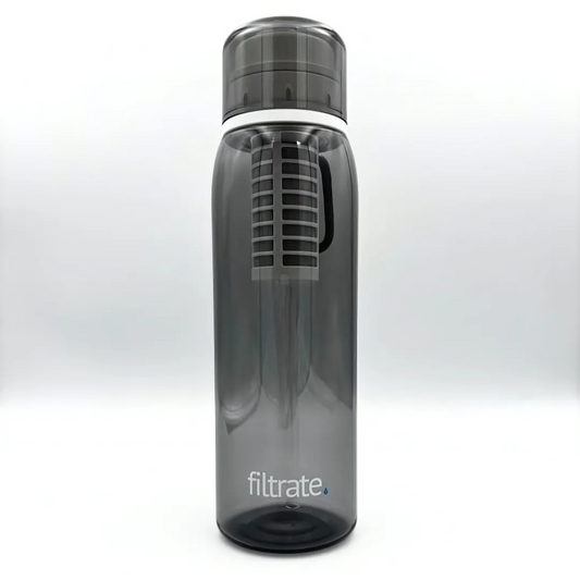 Clear plastic filter water bottle with lid, standing upright.