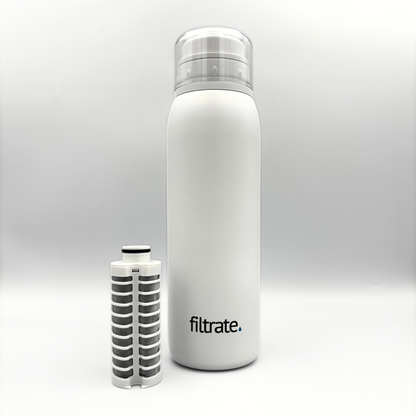 Filter water bottle with detachable internal filter placed beside it, showcasing full product contents.