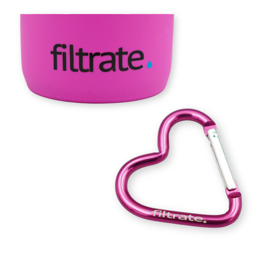 Pink Water Bottle Accessories Set - Bottle Boot & Heart Clip Carabiner